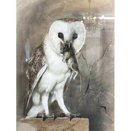 1561 - Watercolour of a barn owl with a mouse in his mouth by John Frank Haywood 1936-1991. Image measures ... 