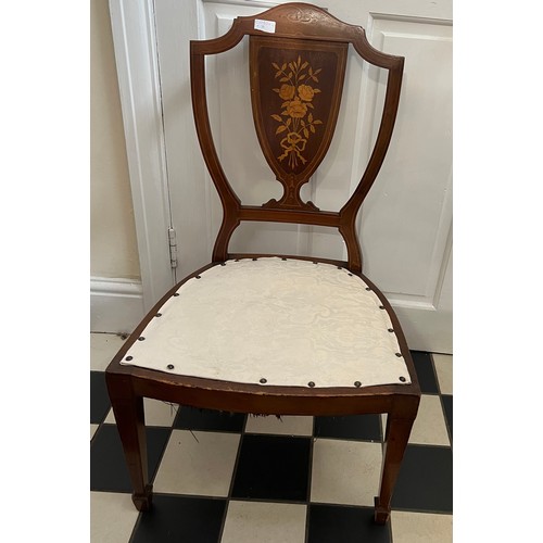 123 - A  mahogany and inlaid chair with floral decoration to back and square tapered legs to front.