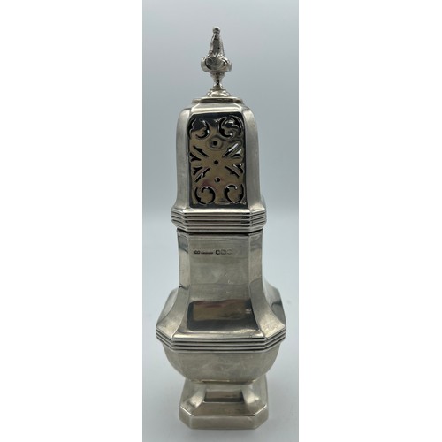 761 - Silver sugar caster Sheffield 1934, maker J Rodgers and sons  Ltd. Weight 170gm. Height 19cm.