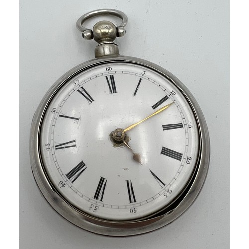 958 - Victorian silver pair cased pocket watch, maker James Garland of London, with enamel roman numeral d... 