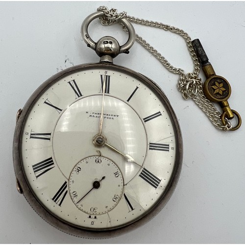 959 - Silver cased pocket watch Chester 1876. Dial and case marked H Cartwright Blackpool. Subsidiary seco... 