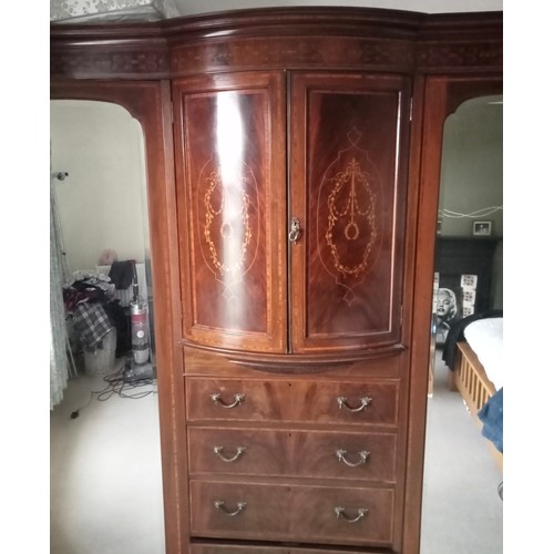 158 - An Edwardian mahogany inlaid compactum. 216 h x 214 w x 72cm d.