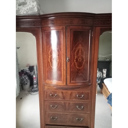 158 - An Edwardian mahogany inlaid compactum. 216 h x 214 w x 72cm d.