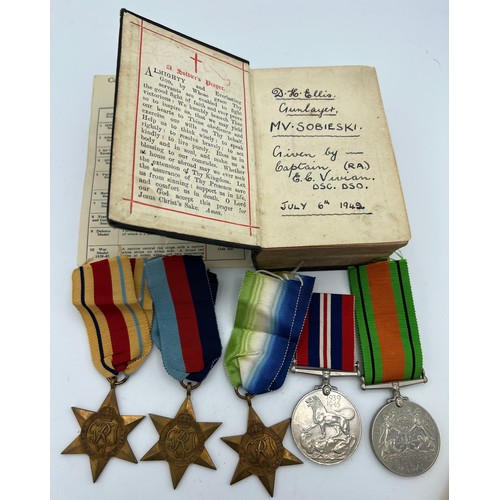 1206 - WWII service medals and Common prayer book including The Atlantic and Africa Star,