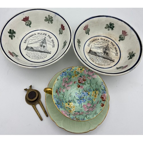 270 - Shelley Melody pattern cup and saucer, two spongeware  bowls, Britannia Rules The Waves Admiral Jell... 