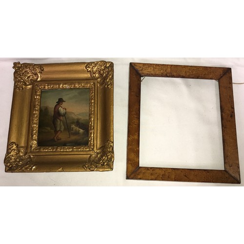 1560 - Oil on board of shepherd with sheep, unsigned in a gilt frame, 17 x 14cm, together with a maple fram... 