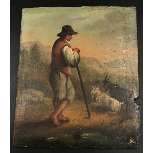 1560 - Oil on board of shepherd with sheep, unsigned in a gilt frame, 17 x 14cm, together with a maple fram... 