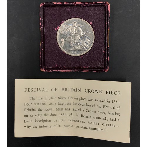 667 - A collection of coins to include three boxed 1951 festivals of Britan crown piece and one additional... 