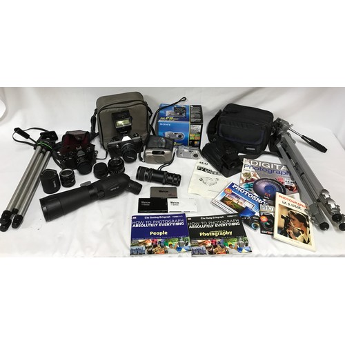 1167 - A large collection of photography gear to include five cameras: AKAI video camera recorder PV-M4, So... 