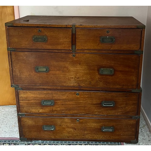 181 - A 19thC two-part military chest with brass handles and fittings, 99 w x 47 d x 100cm h.