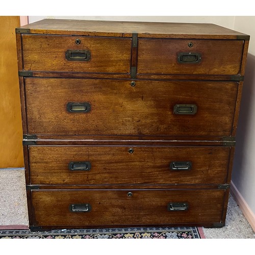 181 - A 19thC two-part military chest with brass handles and fittings, 99 w x 47 d x 100cm h.