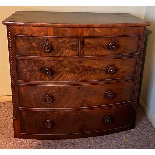 183 - A 19thC bow front chest of drawers two short over three long, 105 x 51 x 96cm h.