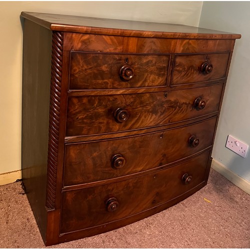 183 - A 19thC bow front chest of drawers two short over three long, 105 x 51 x 96cm h.