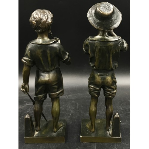 Pair of bronze figures by Lavergne - 'Le Pecheur' 30cm and 'Charmeur De  Lezards' 29cm. Both signed t