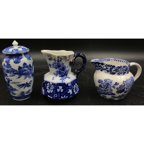 279 - Various 19thC blue and white ceramics comprising oriental design jug, plate, dish and lidded vase 12... 