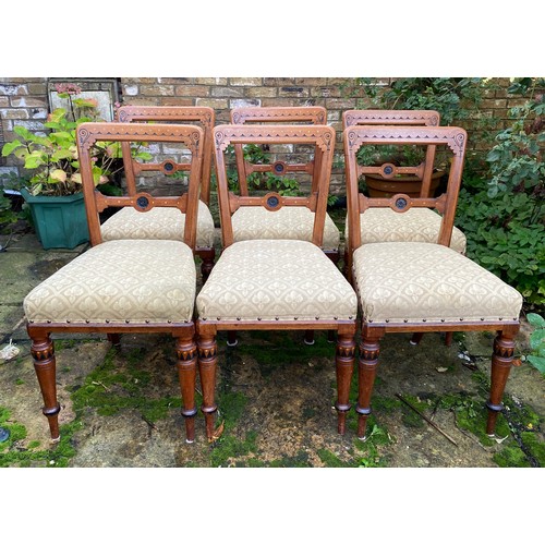 169 - A set of six Aesthetic Movement ebonised dining chairs. 87cm to back, 50cm to top of seat. Reupholst... 