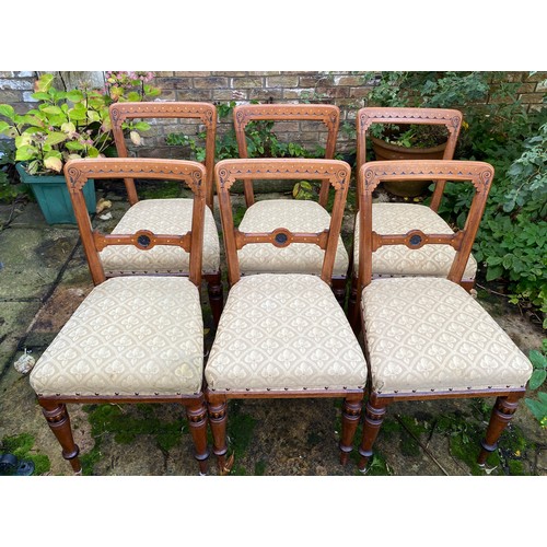 169 - A set of six Aesthetic Movement ebonised dining chairs. 87cm to back, 50cm to top of seat. Reupholst... 