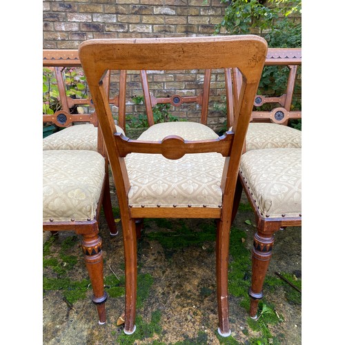 169 - A set of six Aesthetic Movement ebonised dining chairs. 87cm to back, 50cm to top of seat. Reupholst... 