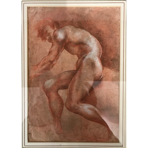 1550 - Bolognese School late 16thC/early 17thC study of a male figure in red chalk. Image 26.5 x 18cm. Moun... 