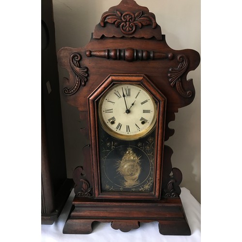 1178 - An American mahogany mantel clock with circular painted dial marked 'Welch' and Roman numerals above... 