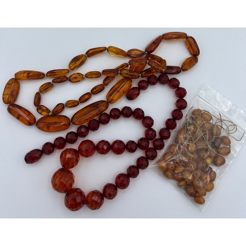 595 - Three amber bread necklaces, two needing re-threading. Total weight 74gm.