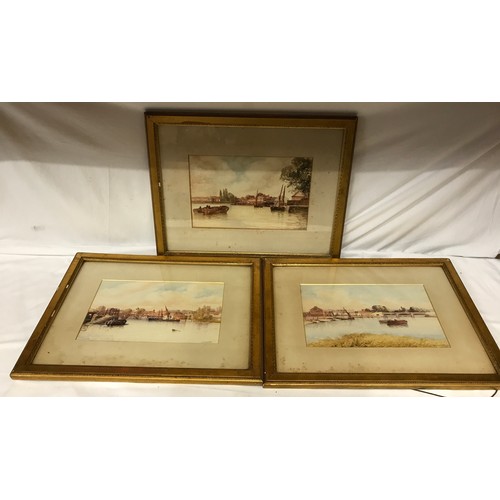 1553 - A. Meredith, three watercolours of river scenes, pencil signed lower right. Images 22 x 35cm. Frames... 