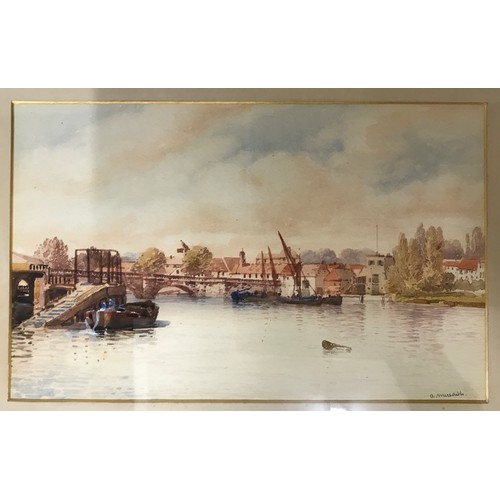 1553 - A. Meredith, three watercolours of river scenes, pencil signed lower right. Images 22 x 35cm. Frames... 