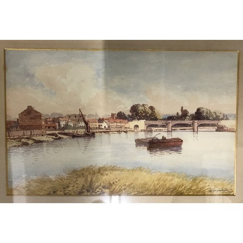 1553 - A. Meredith, three watercolours of river scenes, pencil signed lower right. Images 22 x 35cm. Frames... 