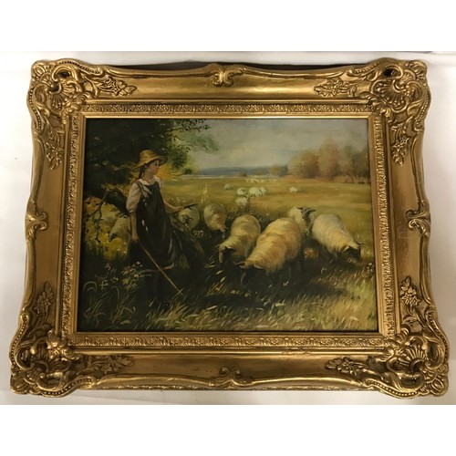 1555 - Oil on board by Lausen (initials possibly C.L.) shepherdess with flock of sheep in ornate gilt frame... 