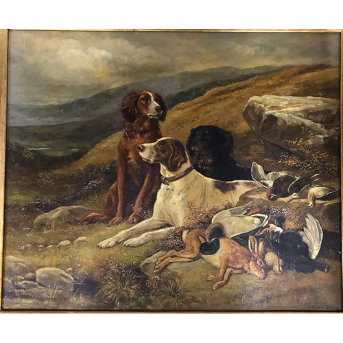 1556 - William Hardie Sinclair, oil on canvas, a Pointer, an Irish and a Gordon Setter with game in a Highl... 