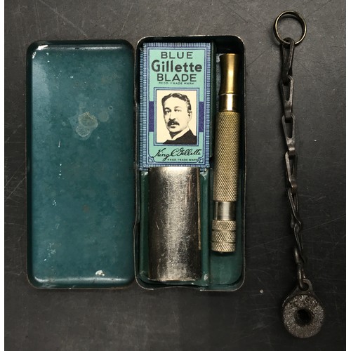 1250 - A collection of miscellaneous items to include a vintage 'Gillette blue' shaving set in a blue paint... 