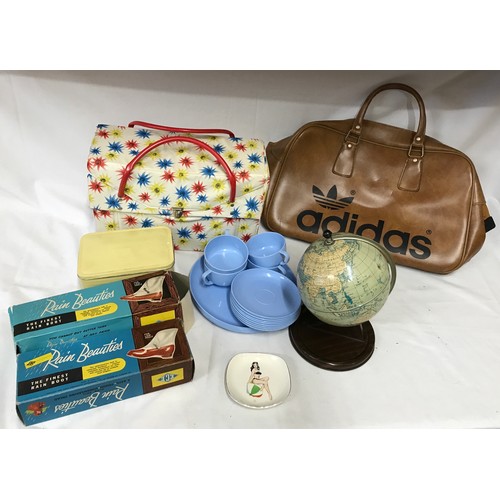 1256 - Vintage collection of Adidas carry bag, Picnic Set in plastic holdall, a Chad Valley tinplate globe ... 