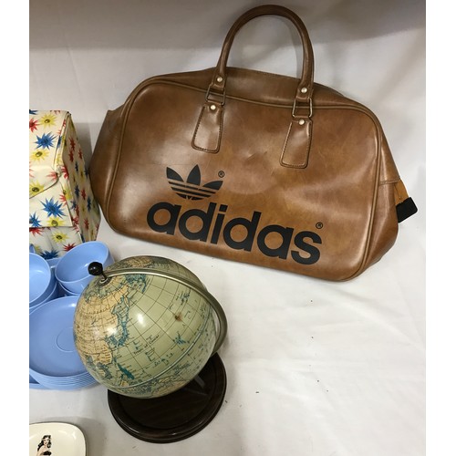 1256 - Vintage collection of Adidas carry bag, Picnic Set in plastic holdall, a Chad Valley tinplate globe ... 