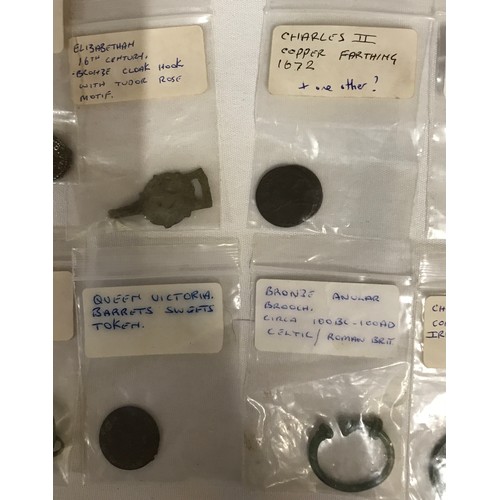 1255 - A collection of metal detecting findings to include Charles II copper farthing 1672, Queen Victoria ... 