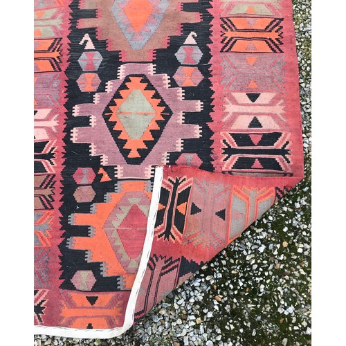 1208 - A large red, black and orange Kilim runner 420 l x 123cm w.