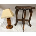 A tall wooden four legged stool with carved top 45cm h along with an oak owl lamp and shade 42cm h.