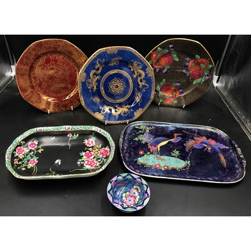 396 - A collection of Maling ceramics to include three octagonal plates 23 d, oblong tray depicting two st... 