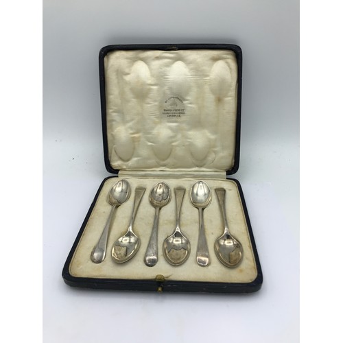 707 - Six silver coffee spoons Sheffield 1924 maker M&W in fitted box with writing to inside lid saying 'B... 