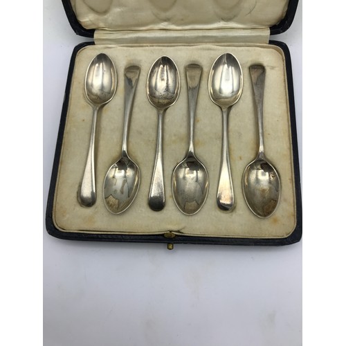 707 - Six silver coffee spoons Sheffield 1924 maker M&W in fitted box with writing to inside lid saying 'B... 