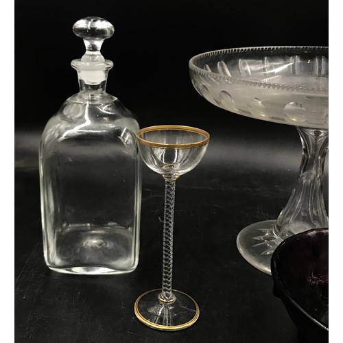 435 - Selection of five pieces of glassware to include round cake stand 23cm diameter, 18cm h, decanter 22... 