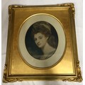 A painting of a lady in a large ornate frame. Medium unknown. Image 29cm x 24cm. Frame 56cm x 51cm.