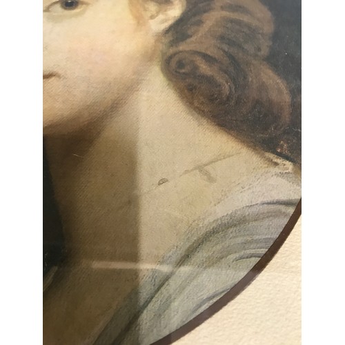 1603 - A painting of a lady in a large ornate frame. Medium unknown. Image 29cm x 24cm. Frame 56cm x 51cm.