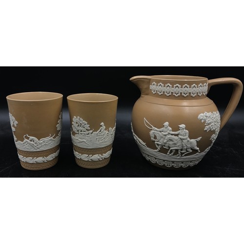 372 - A Copeland late Spode sprigged jug and two cups all with matching hunting scene and impression to ba... 