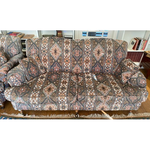 42 - Wesley-Barrell sofa 165cm w, chair and footstool. Height to back 57cm seat 46cm x 95cm w.