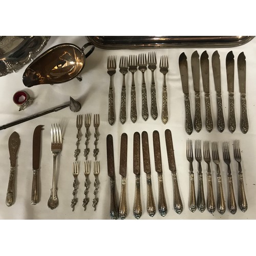 698 - A collection of EPNS: 3 trays largest 62cm, gravy boat, candle snuff, napkin ring and cutlery to inc... 
