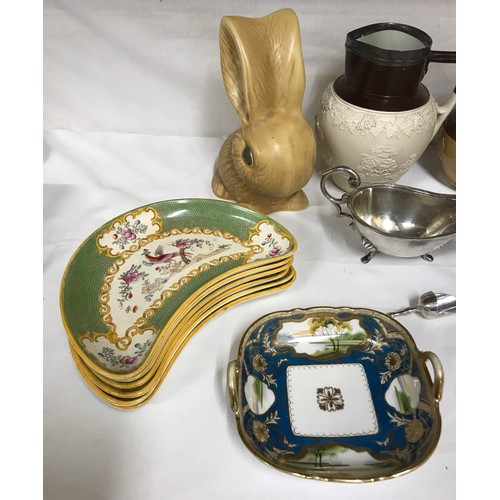 379 - A set of six crescent shaped plates retailed by T Goode & Co, Sylvac rabbit 23cm h, Royal Doulton 28... 