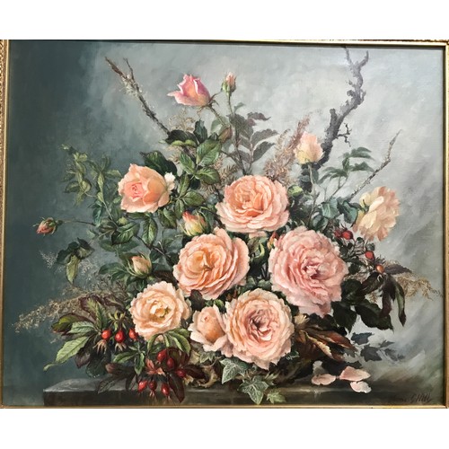 1601 - Thomas G. Hill (British 20th century) oil on canvas painting of flowers 50cm h x 60cm w.