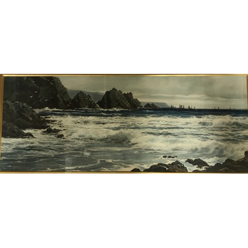 1599 - Oil on board of the coast of North Devon by Reginald Smith (1855-1925). Image size 27cm x 67cm.