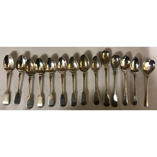 703 - Fourteen hallmarked silver spoons to include 5 matching fiddle pattern teaspoons Exeter 1881, 3 old ... 