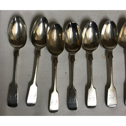 703 - Fourteen hallmarked silver spoons to include 5 matching fiddle pattern teaspoons Exeter 1881, 3 old ... 